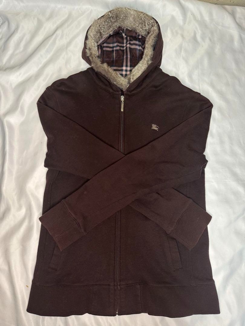 Burberry Black Label Zip Hoodie Parka Logo Check Dark Brown woman