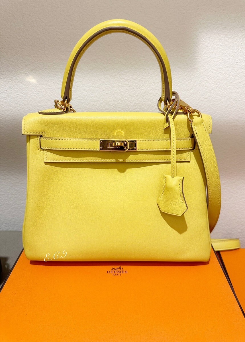 Authentic 2019 Hermes 25 Kelly Handbag Lime Swift Yellow Leather