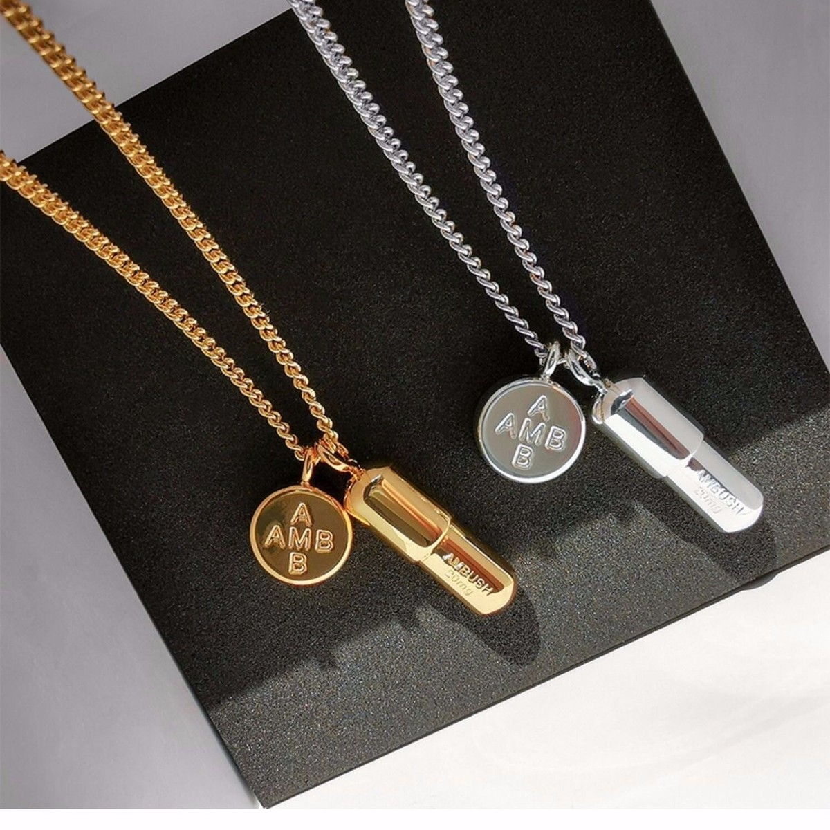 AMBUSH Silver Gold Color Small Scratch Metal Pill Charm Necklace