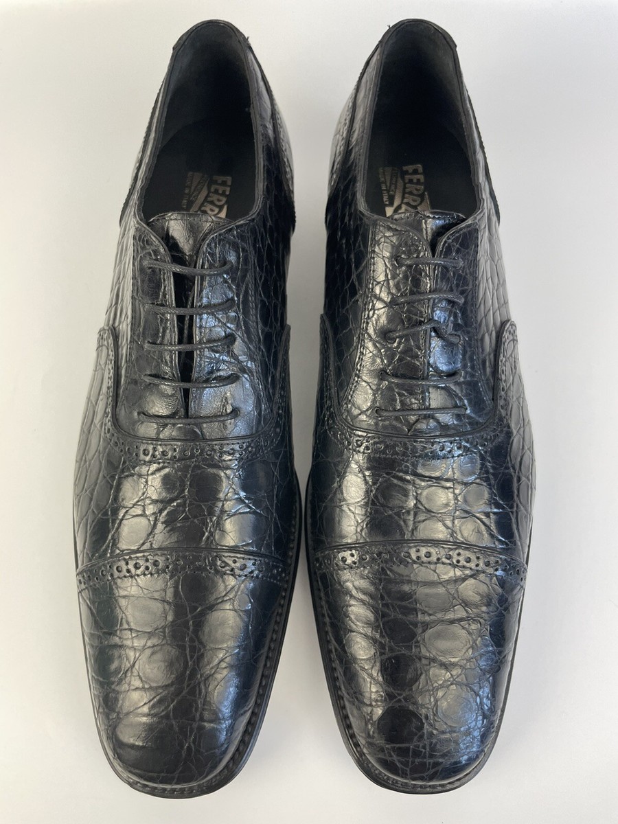 Salvatore Ferragamo Black Crocodile Cap Toe Oxford Dress Shoes