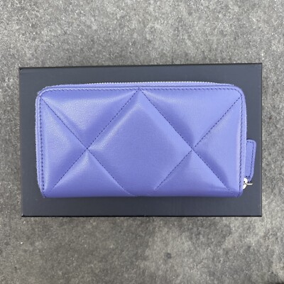 Chanel Lambskin Quilted Chanel 19 Small Zip Wallet Periwinkle