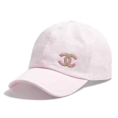Chanel 22P Light Pink Denim Gold Sequin CC Logo Baseball Cap