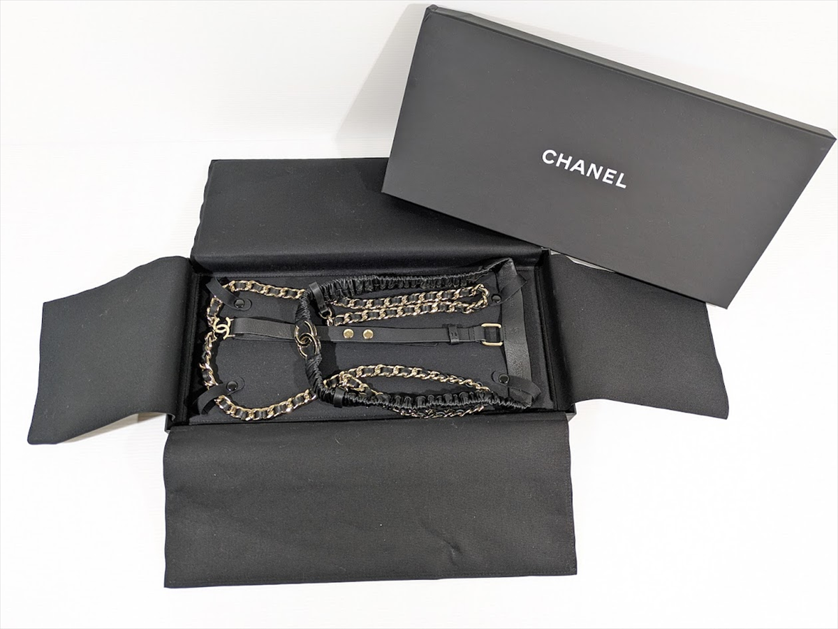 CHANEL CC Chain Belt Suspenders Black Leather Gold Size:75