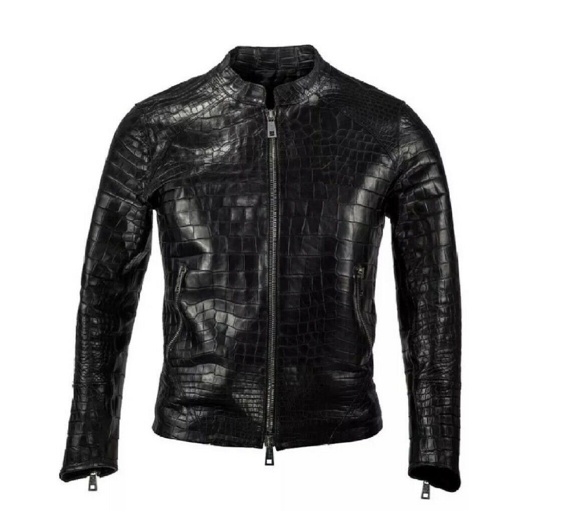 Men's Real Leather Croco Embossed Jacket Biker Motorcycle Black