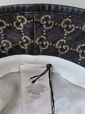 Gucci Bucket Hat Black Beige Denim GG Monogram Logo Leather Trim M