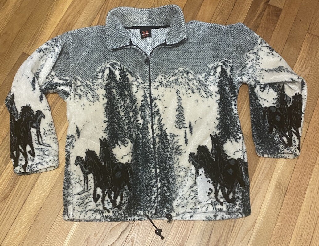 Vintage 90s Mazmania Large Fleece Jacket USA Horses Full Zip 22x27