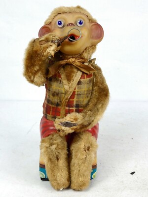 Vintage Alps Battery Operated Monkey Blowing Bubbles Tin Japan FOR