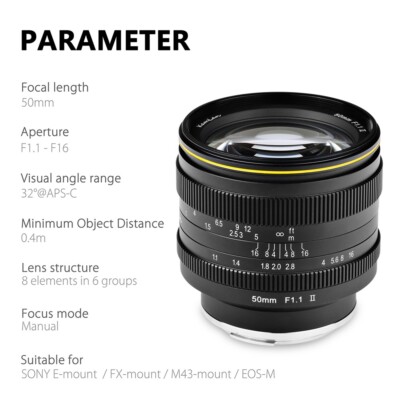 Kamlan 50mm F1.1 Mark II Manual Focus Lens for Canon EOS-M Sony