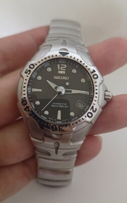 RARE SEIKO KINETIC AUTO RELAY 5J22-0A50 BLACK DIAL JAPAN STAINLESS