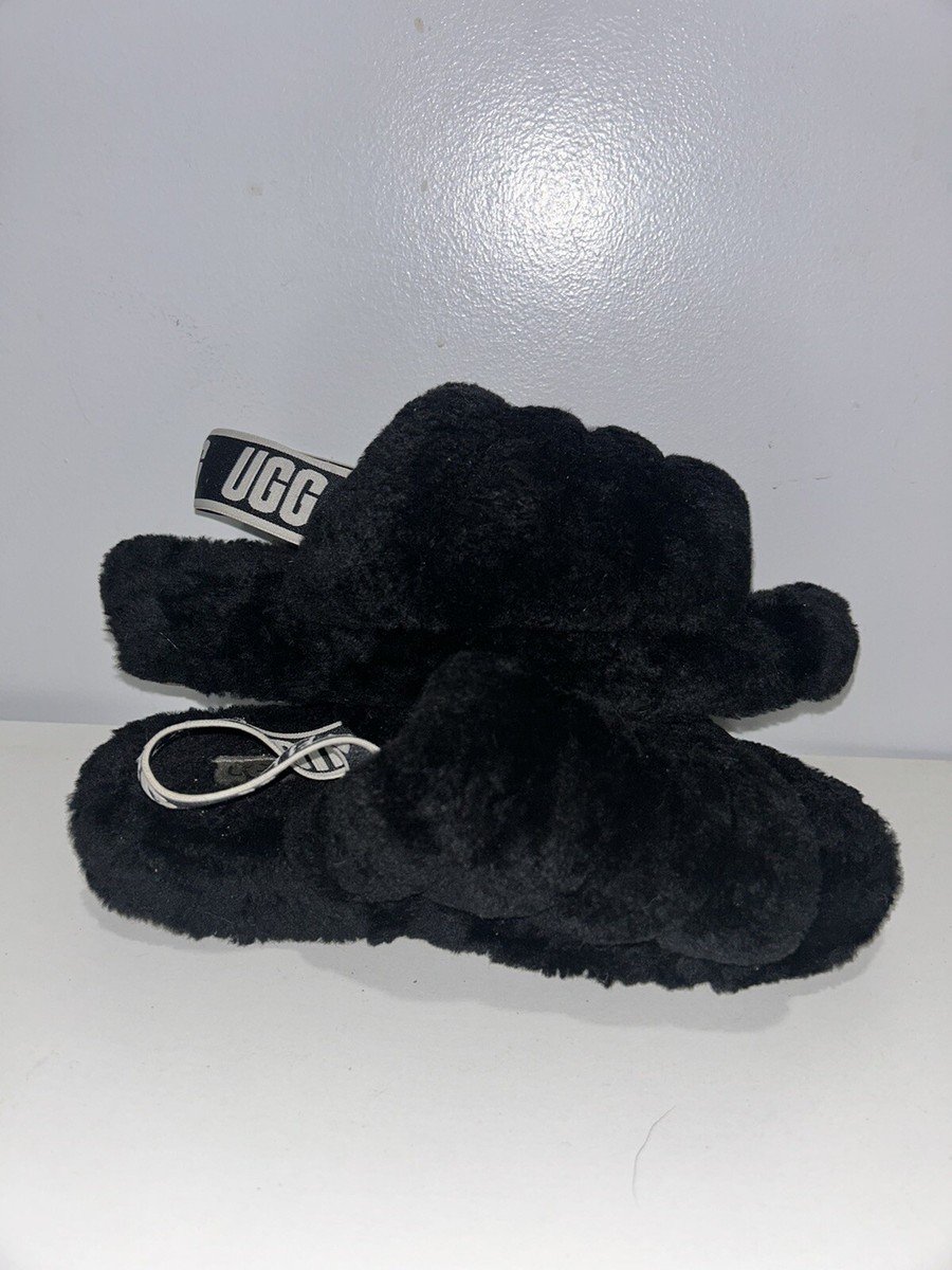 UGG WOMEN'S SUPER FLUFF SLIPPER -OPEN TOE- BLACK– SIZE 6 US – USED
