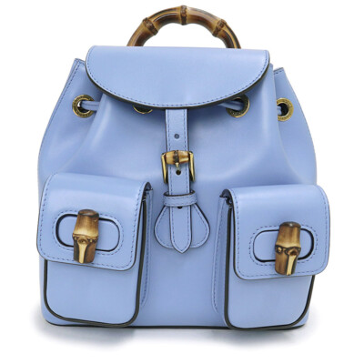 ○Gucci Bamboo Backpack Daypack Smooth Leather Light Blue Gold