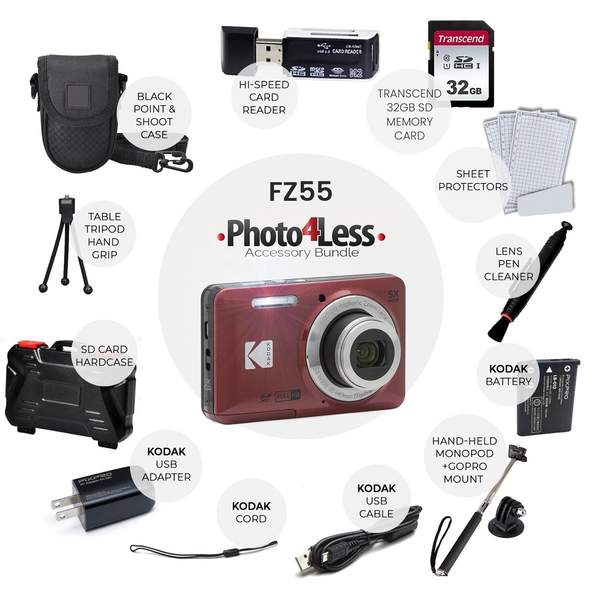 Kodak PIXPRO FZ55 Digital Camera (Red) + 32GB Memory Card + Point