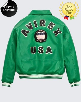 Men Avirex Green Real Bomber American Flight Jacket Leather Jacket