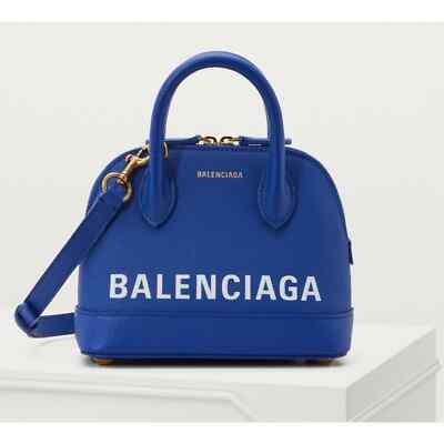 Balenciaga Ville XXS Blue White Logo Grained Top Handle Shoulder