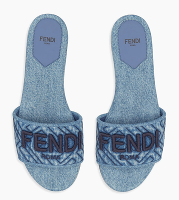 Fendi Blue Denim Signature FF Monogram Logo Mule Slide Flat Flip