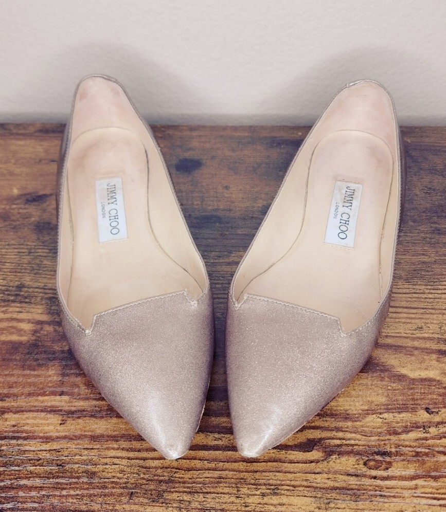 JIMMY CHOO ATTILA POINTED TOE FLATS SHOES SPARKLE METALLIC TAUPE