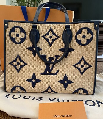 AUTHENTIC LOUIS VUITTON Monogram Raffia OnTheGo MM Navy Blue Bag