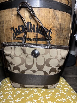 COACH Y2K Signature Canvas W Leather Stripe Tote Bag Purse Brown