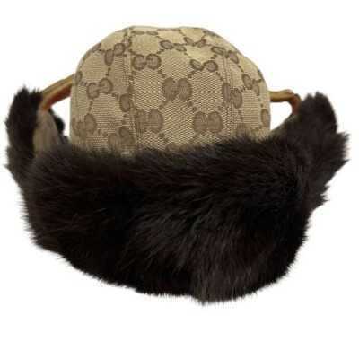 Gucci Pilot Flight Cap GG Monogram Canvas Size M Beige Brown Fur