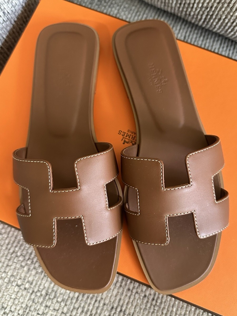 Size 38EU NEW HERMÈS Brown Gold Calfskin ORAN Sandals w/ Receipt