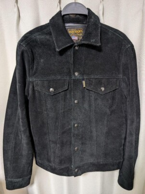 Vanson Suede Jacket Black Soft Leather Trim Metal Button SizeL(US