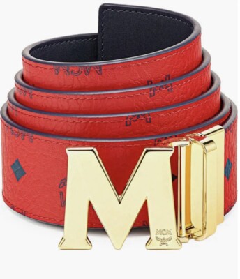 Reversible Adjustable Red to Black MCM Leather Belt Gold M Buckle