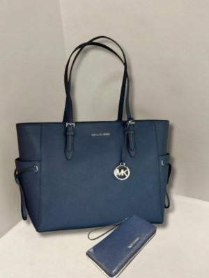 Michael Kors Gilly Large Navy Leather Tote Bag Handbag Bag + Long