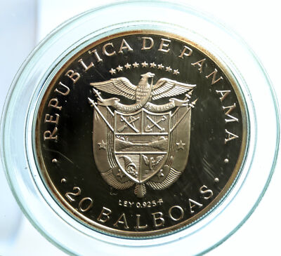 1973 PANAMA Old Proof Silver 3.85oz 20 Balboas Coin LARGE SIMON