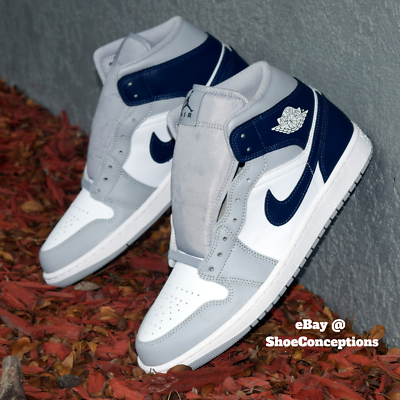 Nike Air Jordan 1 Mid (GS) Shoes White Wolf Gray Midnight Navy
