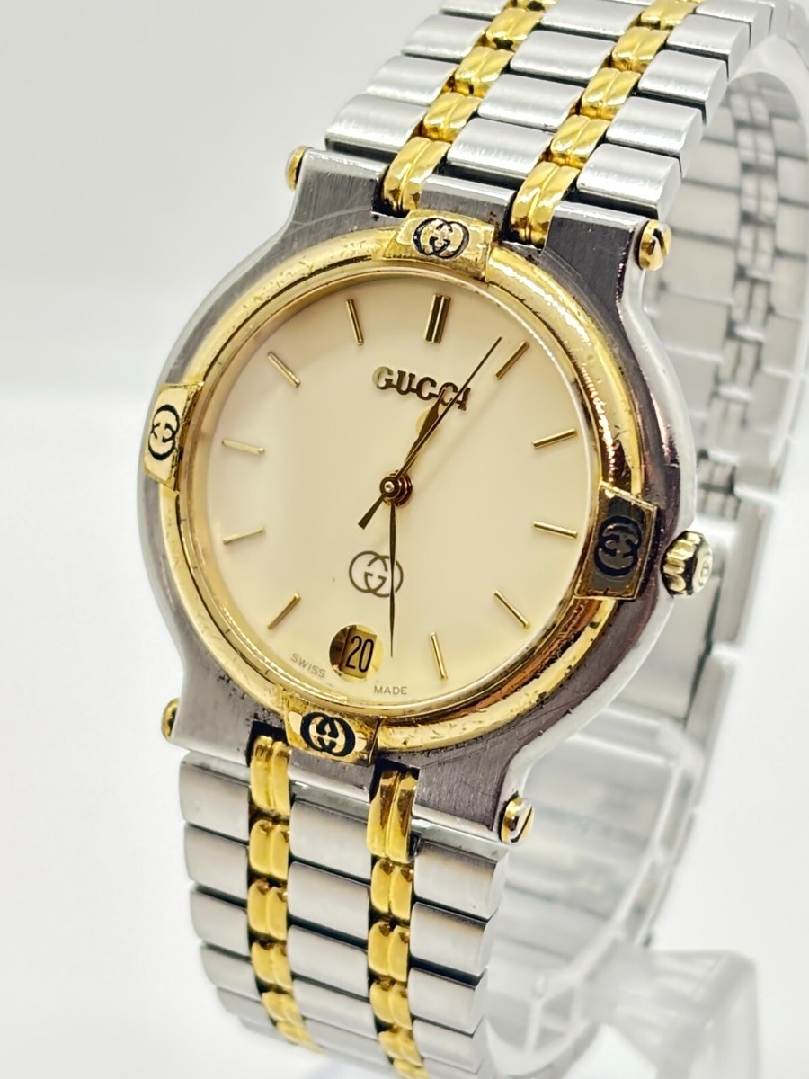 Exc+5] GUCCI 9000M Watch GOLD Silver DATE Quartz Men's Used
