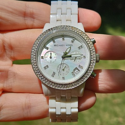 Michael Kors White Ceramic Diamond Bezel Wrist Watch for Women