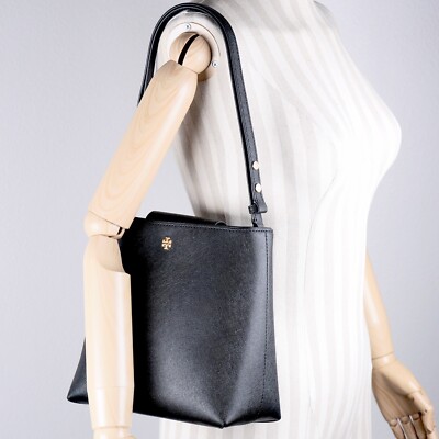 New Tory Burch Emerson Black Saffiano Bucket Bag Shoulder