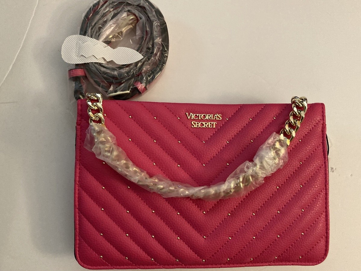 Victoria's Secret Nwt VS Pebbled V-Quilt Pink & Gold Studs Chain