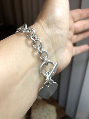 Vintage 925 Sterling Silver Link Toggle clasp Heart Charm Bracelet