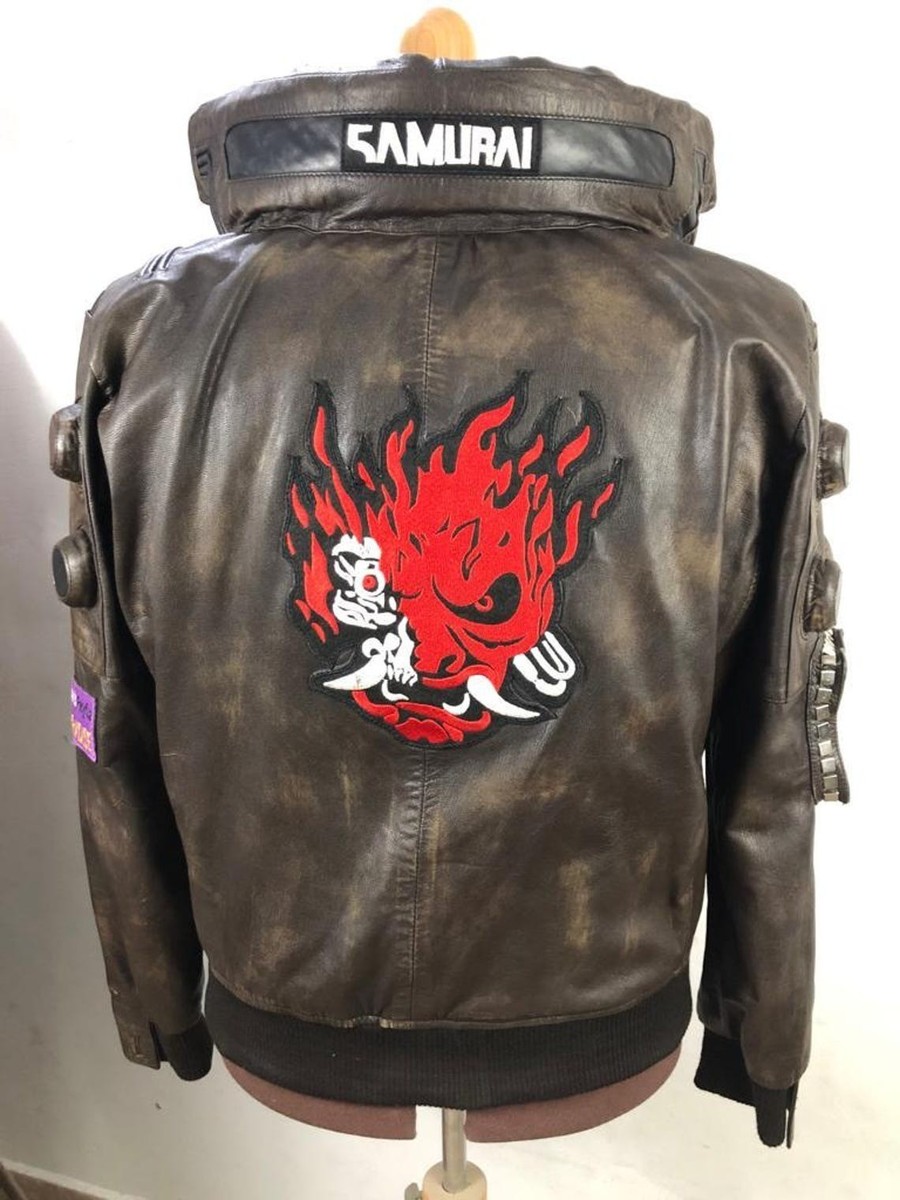 Men's Samurai Cyberpunk 2077 Bomber Brown Leather Jacket