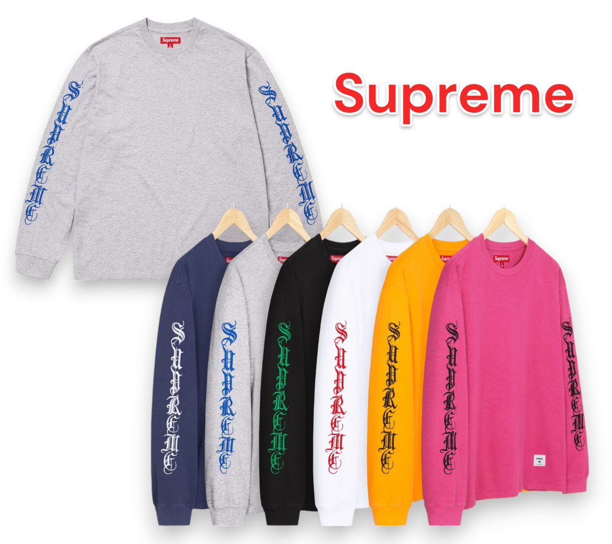 Supreme Old English L/S Top Heather Grey Pink Orange White Black