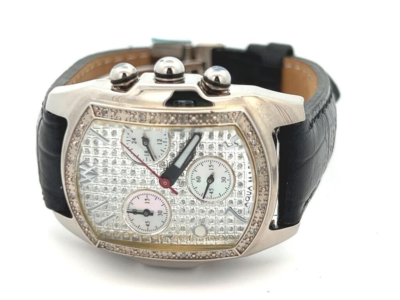 Aqua Master Men's Silver Dial Black Leather Band 0.12ct Diamond
