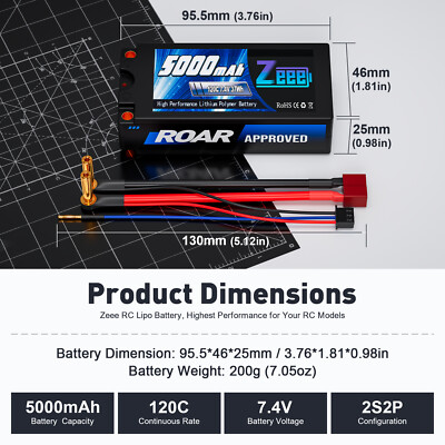 Zeee 2S Lipo Battery 5000mAh Roar Approved 7.4V 120C 5mm Bullet to