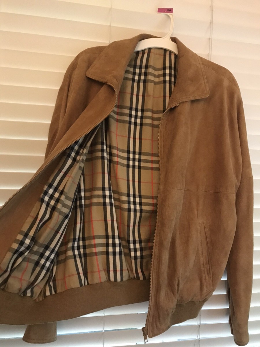 Burberry London Camel Brown Leather Bomber Jacket Nova Check Suede