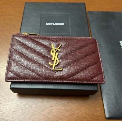 Saint Laurent YSL Cassandre Matelassé Zipped Card Case Burgundy