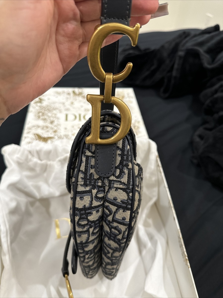 Christian Dior Blue Jaquard Monogram Saddle Bag Canvas With Box