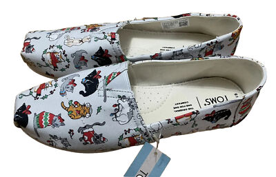 TOMS Women's Belmont Holiday Cat Print Ortholite Light Blue Flats