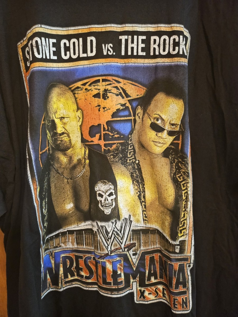 WWE WrestleMania 17 X-Seven The Rock Stone Cold Black T Shirt Mens