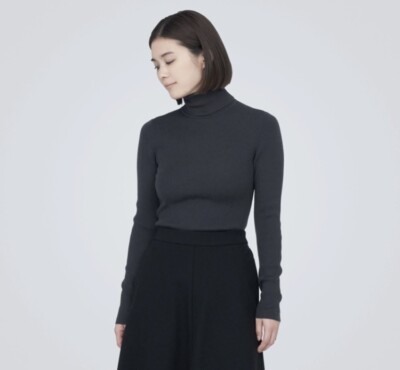Muji Women's Non-Itchy Rib Knit Dark Gray Turtleneck Wool Sweater
