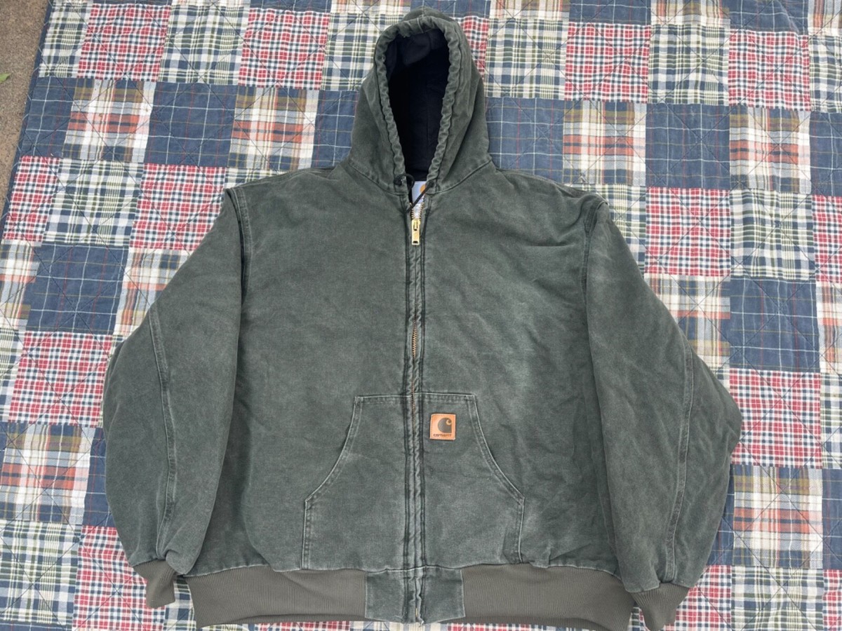 Vintage 90s Carhartt J68 MOS Moss Green Canvas Hooded Work Wear