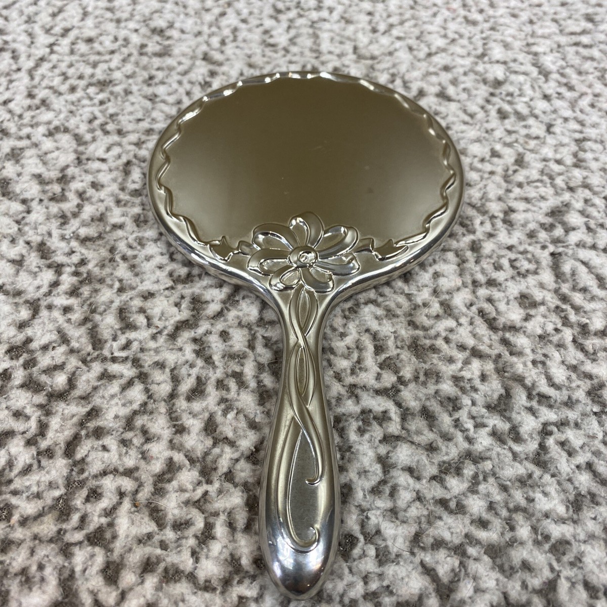 Heavy Vintage Antique Silver Plated Ornate Vanity Hand Mirror 8.75