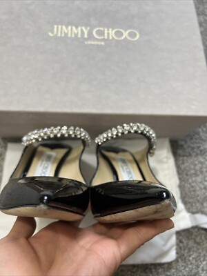 Jimmy Choo Bing 100 Black Patent Leather Mules with Crystal Strap