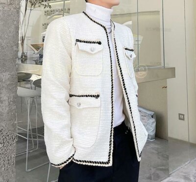 Mens Fashion Round Collar Long Sleeve Loose Tweed Jacket Youth