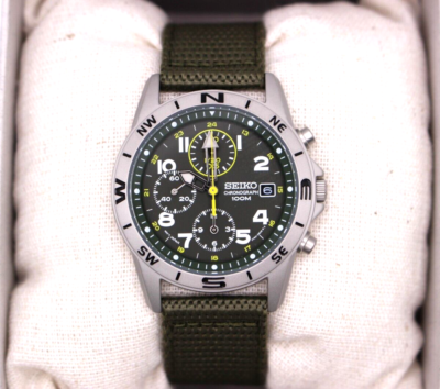 SEIKO SND377R Chronograph Men's Watch New Green Authentic Military