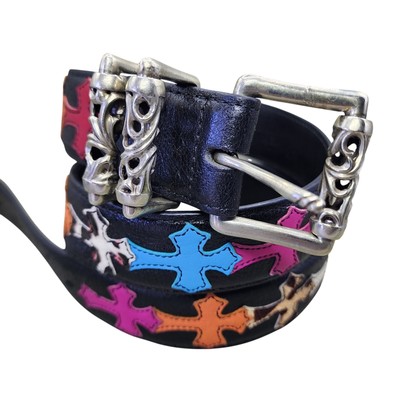 Chrome Hearts 925 Multi Color Cross Patch Black Leather Belt Size